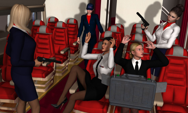 Обои картинки фото stewardesses, 3д графика, фантазия , fantasy, девушки, салон, оружие, взгляд