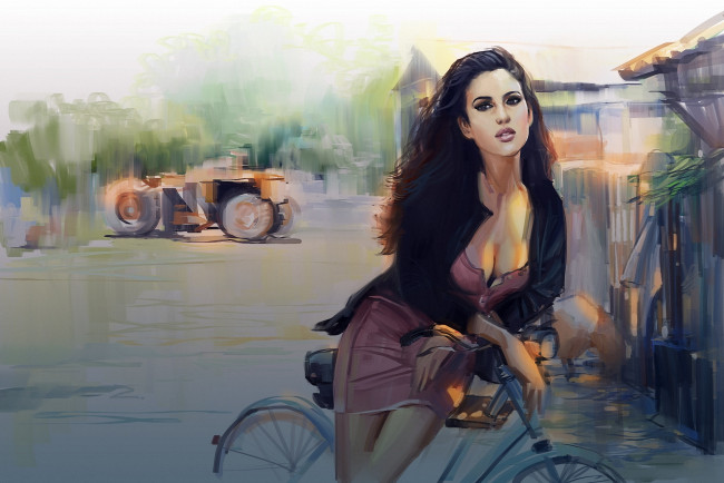 Обои картинки фото рисованные, люди, улица, взгляд, девушка, велосипед