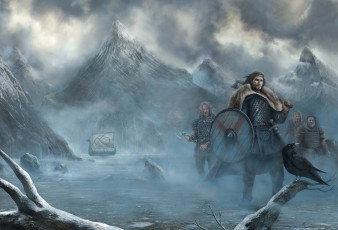 Картинка фэнтези люди зима корабль воины викинги ворон горы
