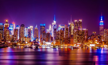 Картинка города нью-йорк+ сша огни небоскребы ночь город панорама city skyline ny new york wtc hudson river