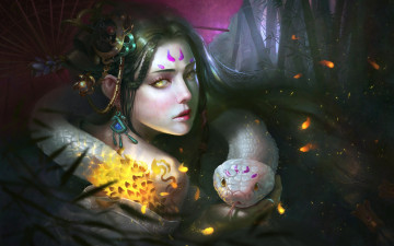 Картинка фэнтези красавицы+и+чудовища взгляд девушка лицо цвет змея зонт арт желтые глаза