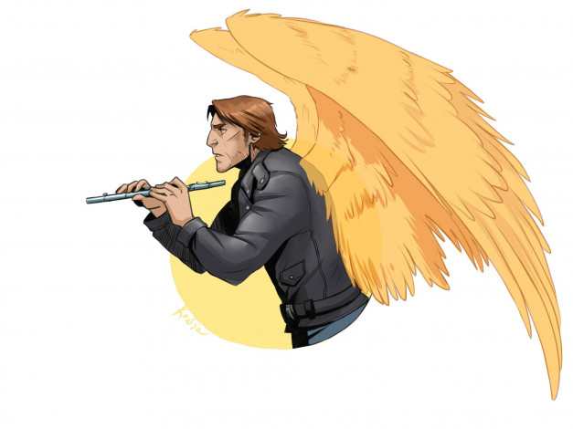 Обои картинки фото рисованное, комиксы, ангел, мужчина, крылья, музыка