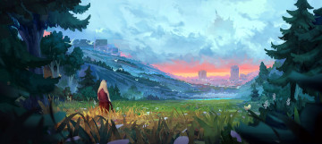 Картинка рисованное денис+истомин город поляна лес девушка