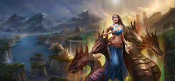 Картинка фэнтези красавицы+и+чудовища девушка фон дракон горы