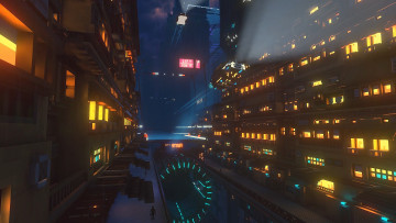 обоя видео игры, cloudpunk, город, будущее, огни