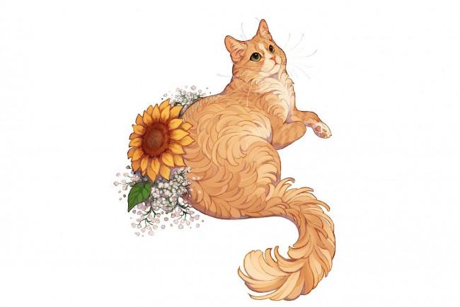 Обои картинки фото рисованное, животные,  коты, кот, цветок, подсолнух