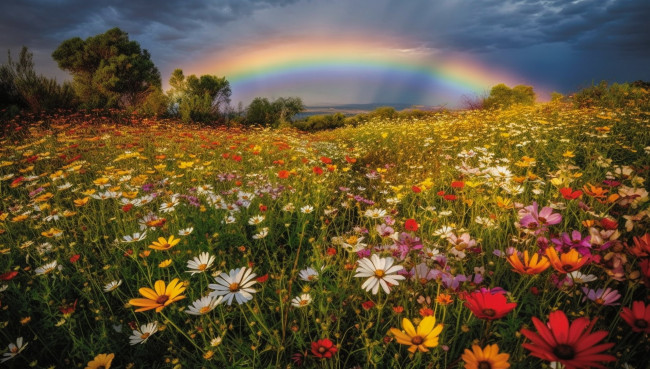 Обои картинки фото природа, радуга, небо, тучи, луг, цветы