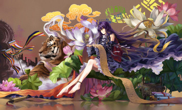 Картинка аниме touhou neko девушка hijiri byakuren настроение улыбка тигр свитки