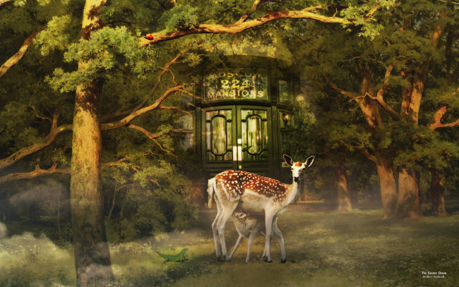 Обои картинки фото рисованные, животные, олени, дом, деревья, олень