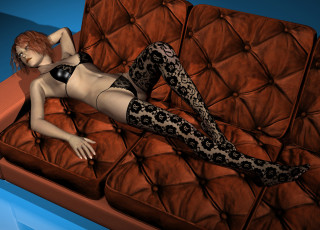 Картинка 3д+графика люди+ people чулки диван белье лежит рыжая фон взгляд девушка