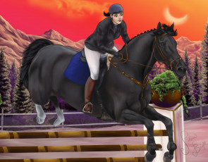 Картинка рисованное животные +лошади прыжок жокей лошадь фон взгляд девушка