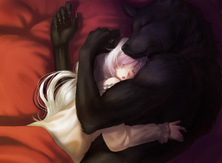 Картинка аниме животные +существа объятия спят оборотень арт девочка