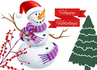 Картинка праздничные векторная+графика+ новый+год елка снеговик ветка ягоды