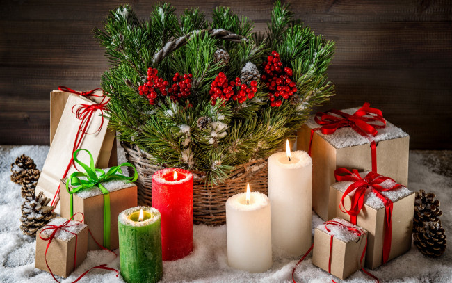 Обои картинки фото праздничные, подарки и коробочки, decoration, xmas, merry, christmas, украшения, подарки, снег, елка, свечи, новый, год, рождество, gifts