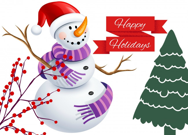Обои картинки фото праздничные, векторная графика , новый год, елка, снеговик, ветка, ягоды