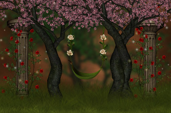 Картинка рисованное природа деревья цветы