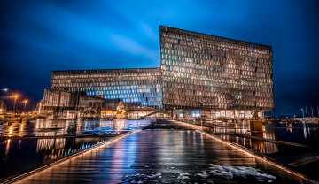 Картинка города рейкьявик+ исландия освещение вечер здание