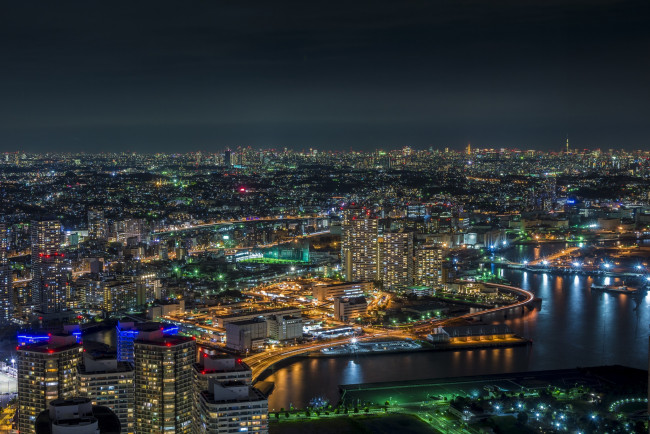 Обои картинки фото города, токио , Япония, токио, ночь, огни, yokohama, bay