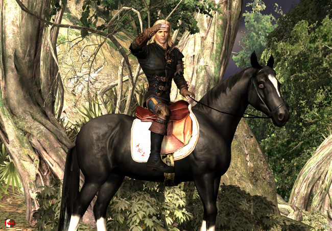 Обои картинки фото 3д графика, фантазия , fantasy, лошадь, взгляд, фон, мужчина