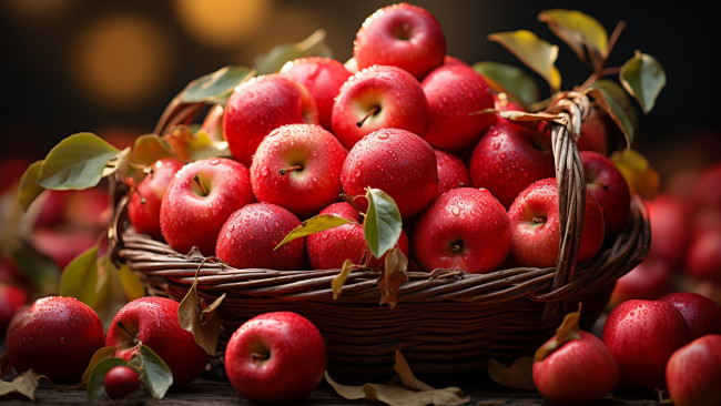 Обои картинки фото еда, яблоки, корзинка, урожай, капли