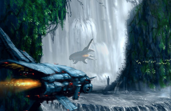Картинка steven correa фэнтези космические корабли звездолеты станции водопад