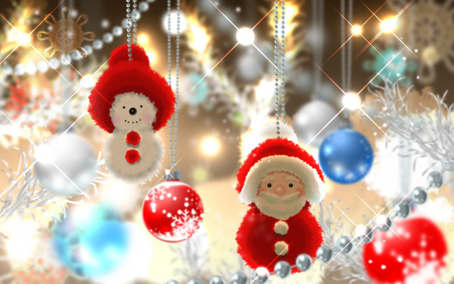 Обои картинки фото праздничные, векторная, графика, новый, год, шарик, игрушки, снеговик, дед, мороз