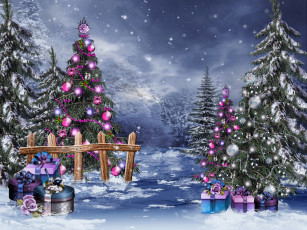 Картинка праздничные рисованные снег огни пейзаж украшения лес елки