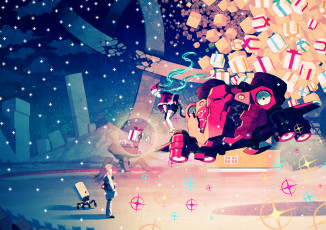 Картинка by+asgr аниме vocaloid город снег ночь winter merry chrismas робот свет подарки костюм шапка девушки hatsune miku машина