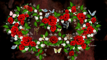 обоя праздничные, день св,  валентина,  сердечки,  любовь, животные, бабочки, листочки, фон, цветочки, розы