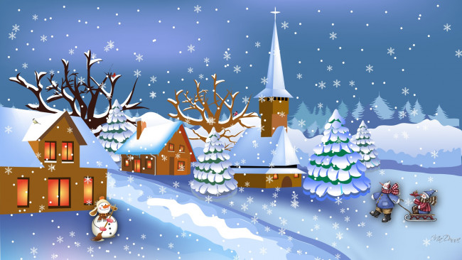 Обои картинки фото праздничные, векторная графика , новый год, снеговики, снег, дома, снежинки, ели