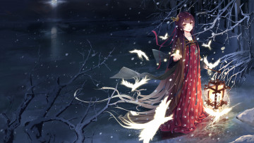 Картинка аниме зима +новый+год +рождество wait девушка платье украшение деревья животное птицы луна снег фонарь ветки феникс свет