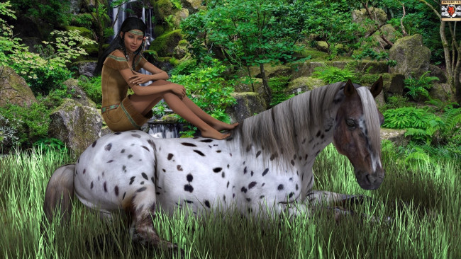 Обои картинки фото 3д графика, люди , people, лошадь, фон, взгляд, девушка