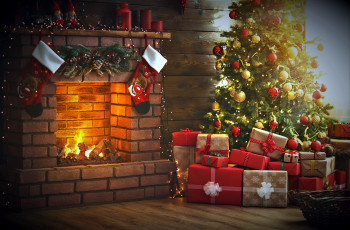 обоя праздничные, новогодний очаг, елка, камин, подарки