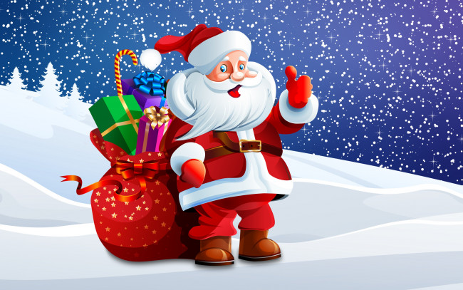 Обои картинки фото праздничные, векторная графика , новый год, санта, мешок, костюм, дедушка, клаус, дед, новый, год, снежинки, фон, сугробы, праздник, рождество, снег, санта-клаус, -, подарки