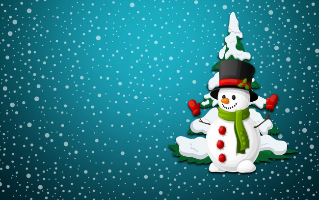 Обои картинки фото праздничные, векторная графика , новый год, минимализм, новый, год, снеговик, Ёлка, снежинки, рождество, снег, елка