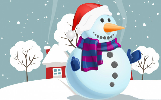 Обои картинки фото праздничные, векторная графика , новый год, рождество, снеговик, домик, праздник, шарф