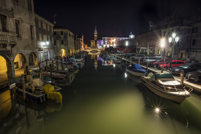 Обои картинки фото chioggia venezia, корабли, порты ,  причалы, ночь, огни