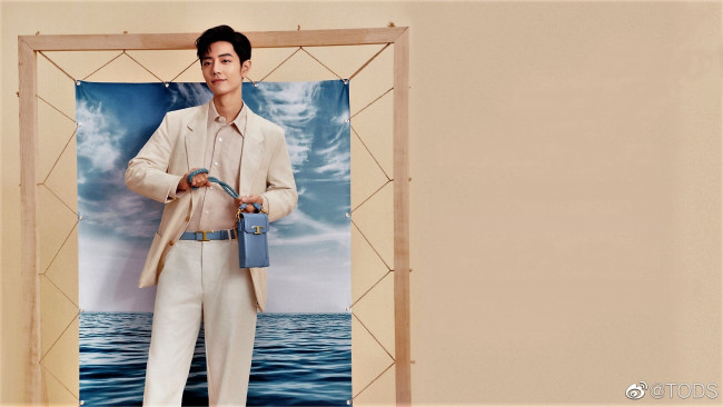 Обои картинки фото мужчины, xiao zhan, пиджак, барсетка, картина, море