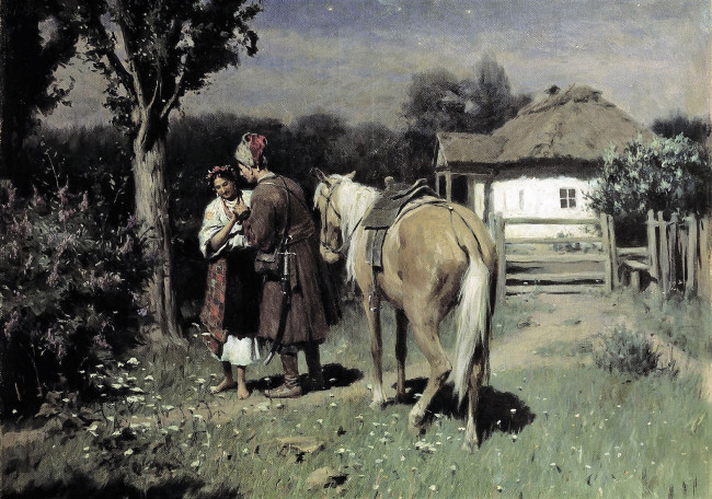 Обои картинки фото рисованное, николай пимоненко, пара, лошадь, дом