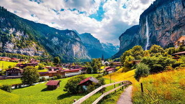 Картинка города лаутербруннен+ швейцария горы водопад костел дома дорога