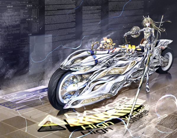 Обои картинки фото аниме, weapon, blood, technology, мотоцикл