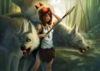 Картинка аниме mononoke+hime девушка лес арт копье маска волки кулон принцесса мононоке