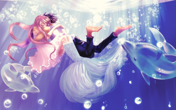 обоя аниме, *unknown , другое, парень, девушка, вода, пузырьки, дельфины, обнимаются