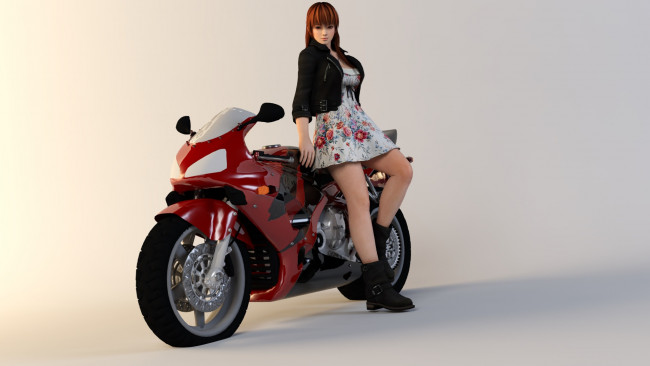 Обои картинки фото мотоциклы, 3d, мотоцикл, девушка