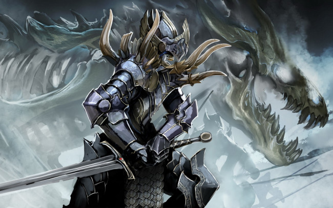 Обои картинки фото фэнтези, нежить, шлем, рыцарь, дракон, скелет, доспехи, меч