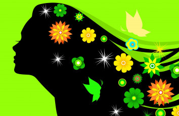 Картинка векторная+графика девушки зеленый фон девушка силуэт цветы ресницы волосы