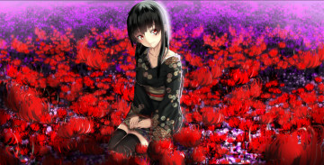 Картинка аниме unknown +другое брюнетка взгляд красные поле цветы девушка