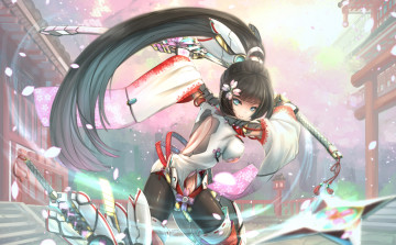 Картинка аниме оружие +техника +технологии лепестки арт kikivi взгляд цветы мечи волосы девушка