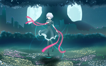 Картинка аниме rewrite город луна ночь kagari платье дерево девушка арт oookoto ленты лепестки