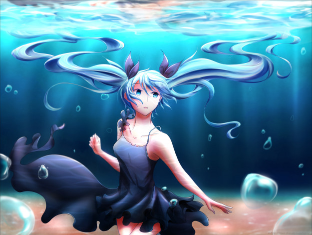 Обои картинки фото аниме, vocaloid, платье, пузырьки, вода, девушка, hatsune, miku, арт
